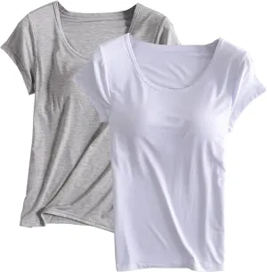 2 Pack of Built-in Bra T-Shirt for Womens Solid Color Padded Active Tops Comfy Short Sleeve Yoga Athletic Tees