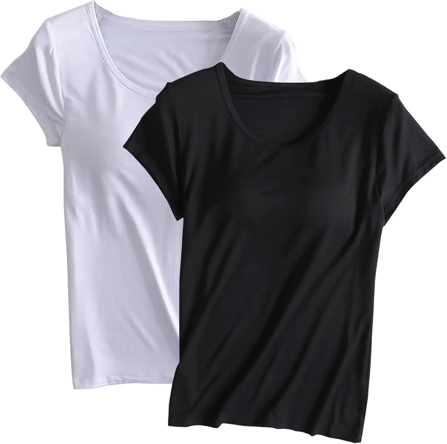 2 Pack of Built-in Bra T-Shirt for Womens Solid Color Padded Active Tops Comfy Short Sleeve Yoga Athletic Tees