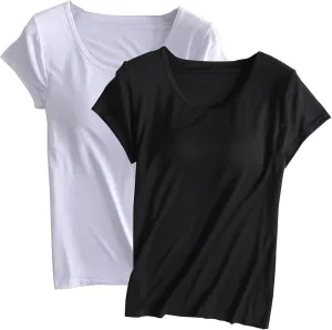 2 Pack of Built-in Bra T-Shirt for Womens Solid Color Padded Active Tops Comfy Short Sleeve Yoga Athletic Tees