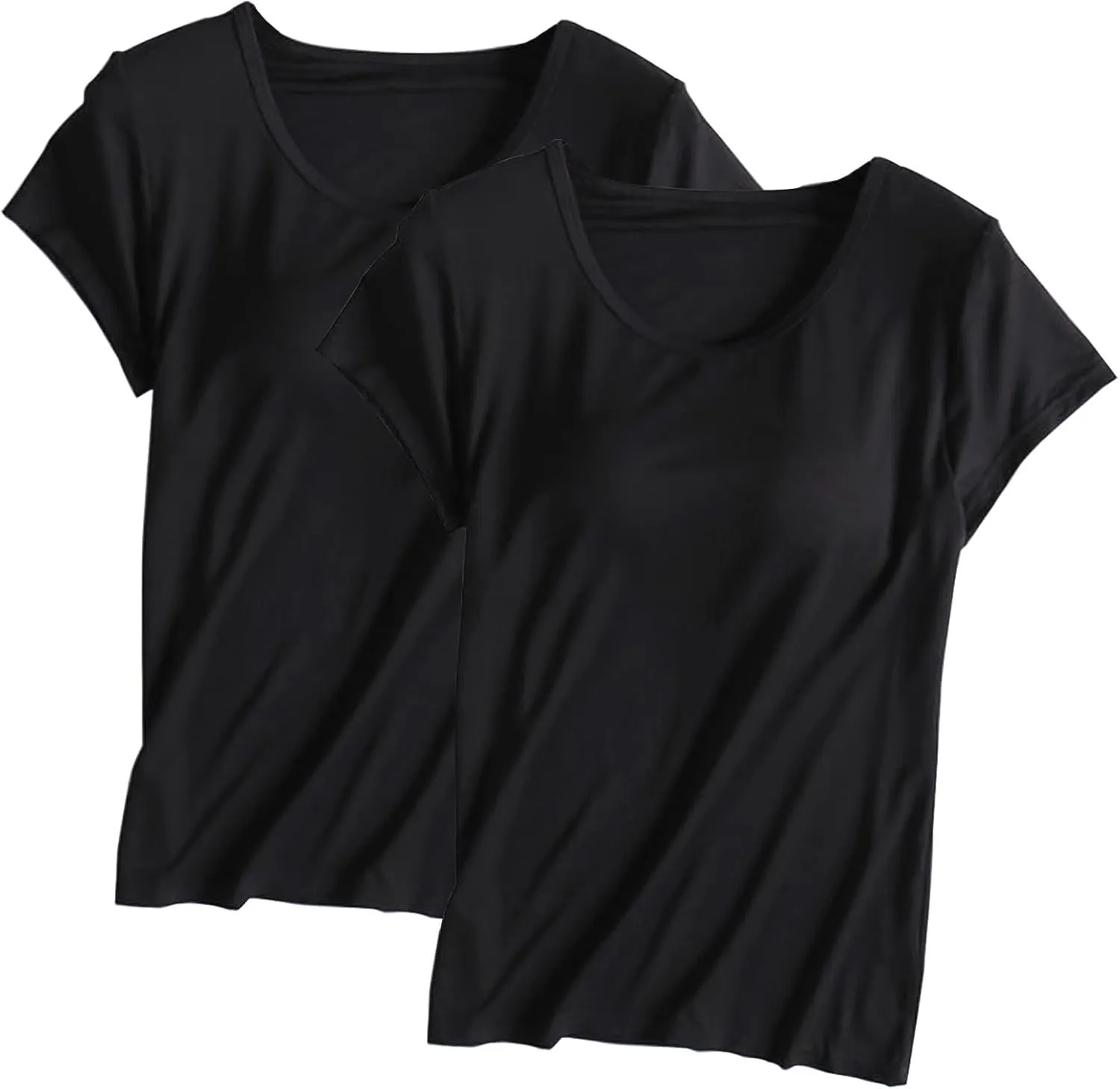 2 Pack of Built-in Bra T-Shirt for Womens Solid Color Padded Active Tops Comfy Short Sleeve Yoga Athletic Tees