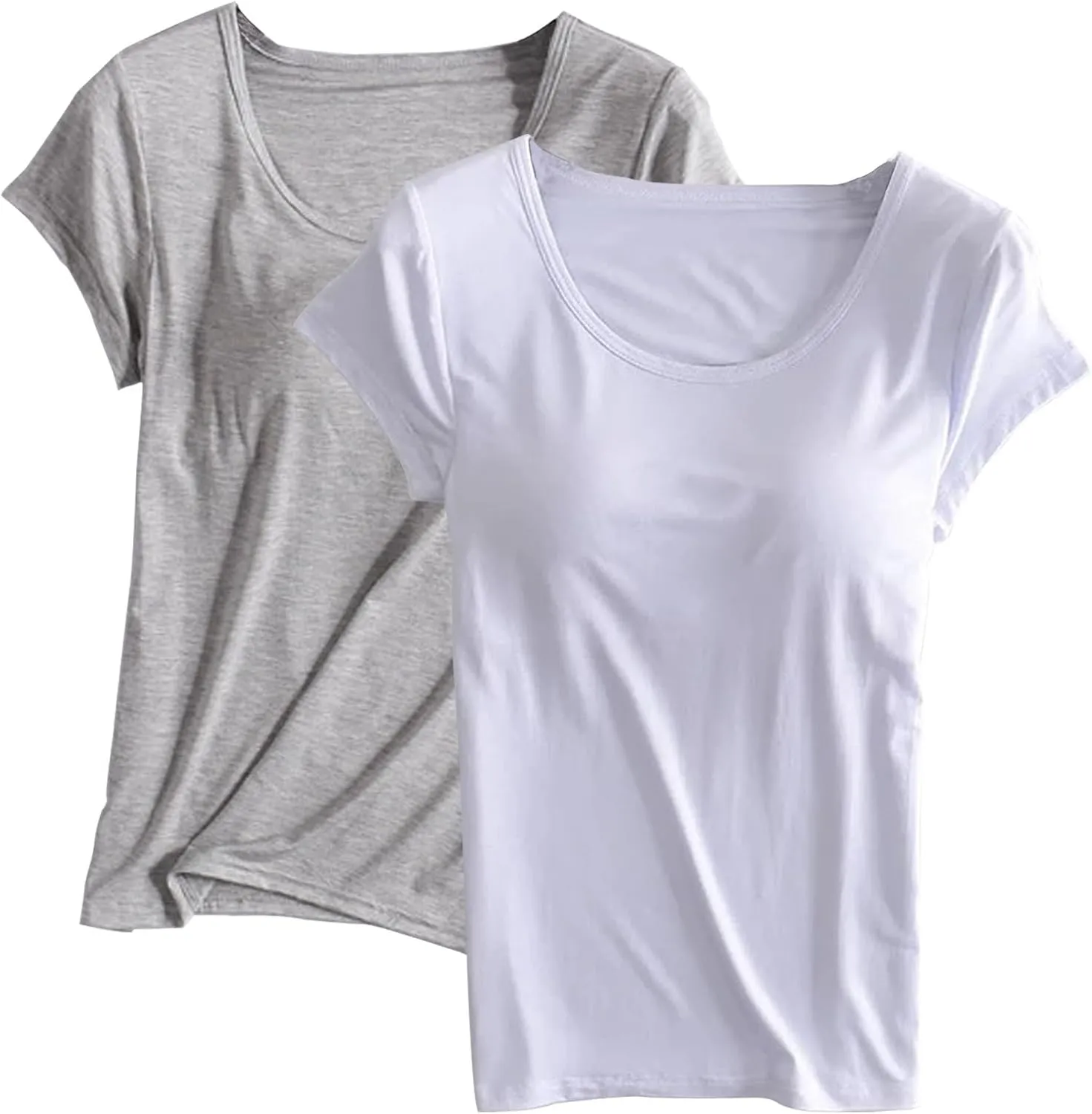 2 Pack of Built-in Bra T-Shirt for Womens Solid Color Padded Active Tops Comfy Short Sleeve Yoga Athletic Tees