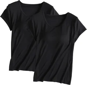 2 Pack of Built-in Bra T-Shirt for Womens Solid Color Padded Active Tops Comfy Short Sleeve Yoga Athletic Tees