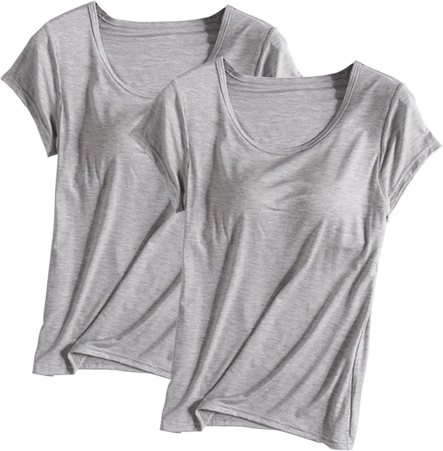 2 Pack of Built-in Bra T-Shirt for Womens Solid Color Padded Active Tops Comfy Short Sleeve Yoga Athletic Tees