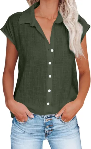 2024 Button Down Shirts for Women Lapel V Neck Dressy Linen Tops Summer Rollup Cap Sleeve Blouses Plus Size Tee Shirt