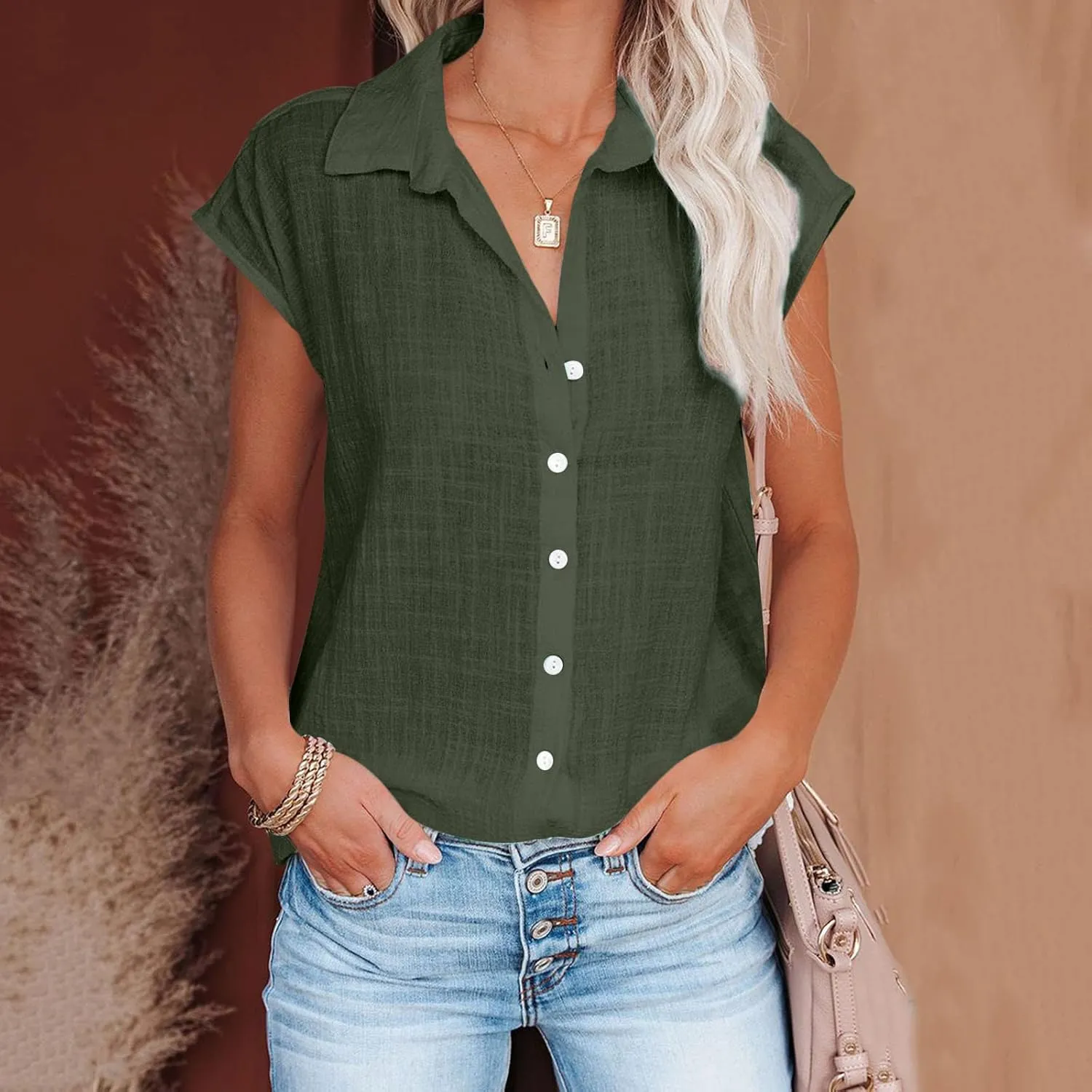 2024 Button Down Shirts for Women Lapel V Neck Dressy Linen Tops Summer Rollup Cap Sleeve Blouses Plus Size Tee Shirt