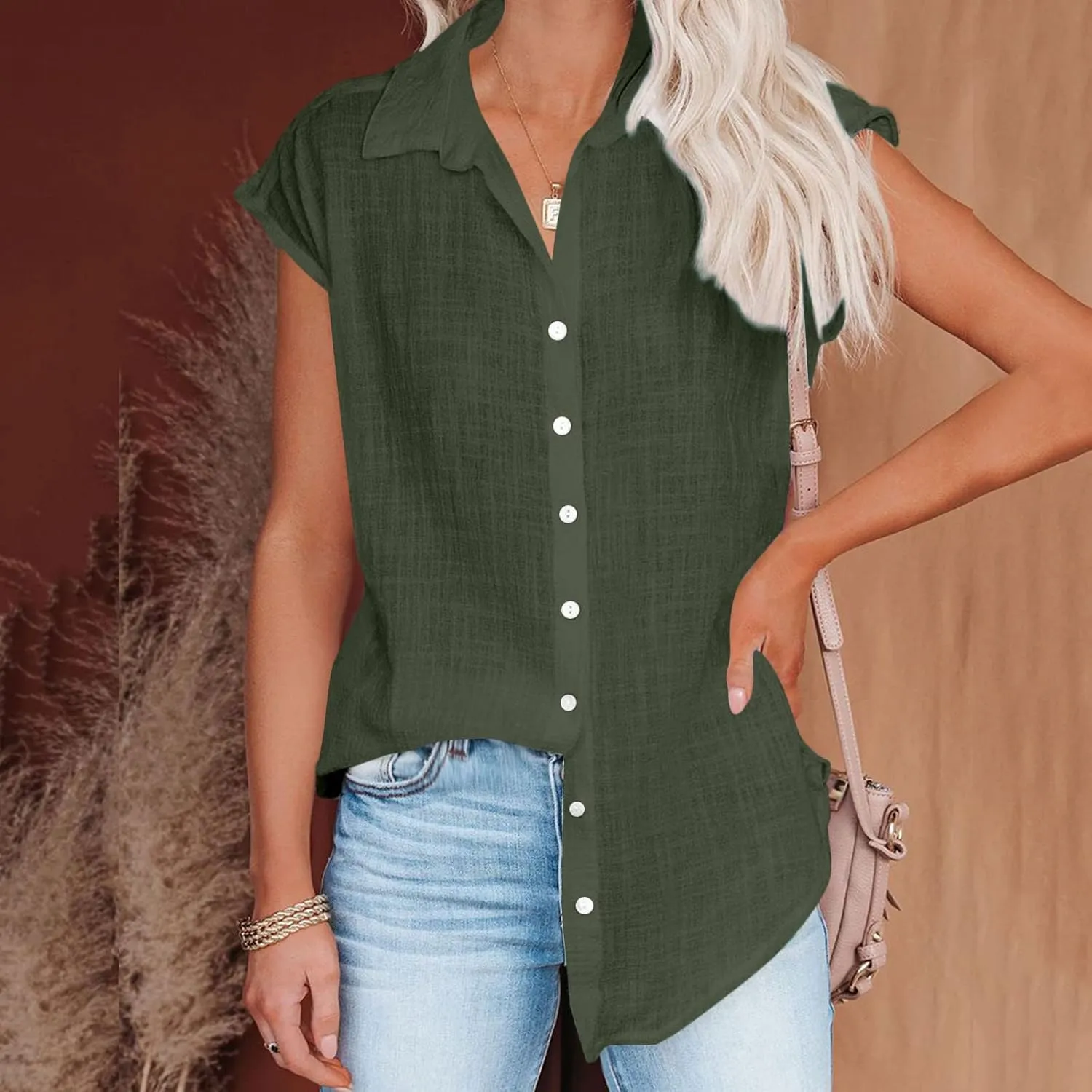 2024 Button Down Shirts for Women Lapel V Neck Dressy Linen Tops Summer Rollup Cap Sleeve Blouses Plus Size Tee Shirt