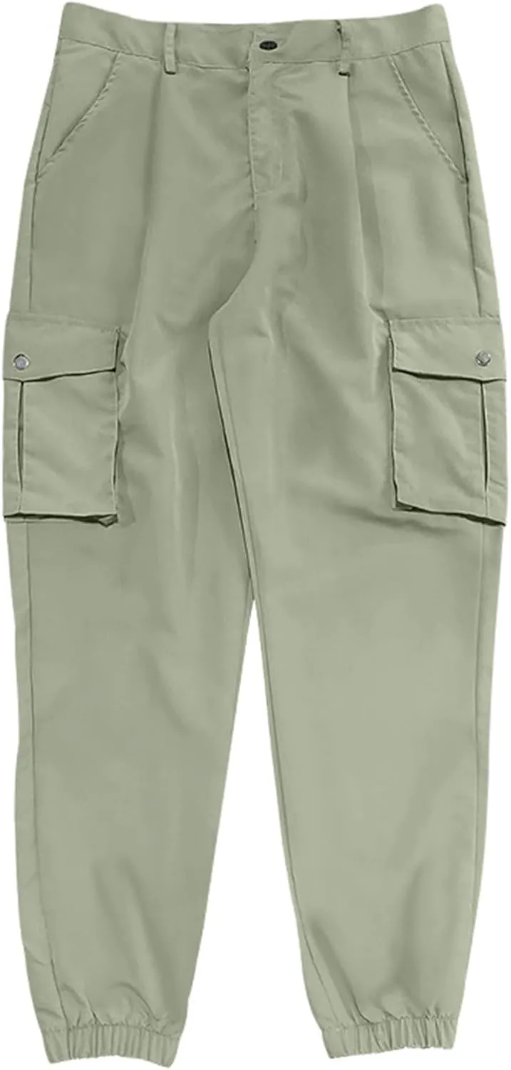ADHOWBEW Mens Pants Casual Elastic Waist Outdoor Work Cargo Pockets Relaxed Fit Pants