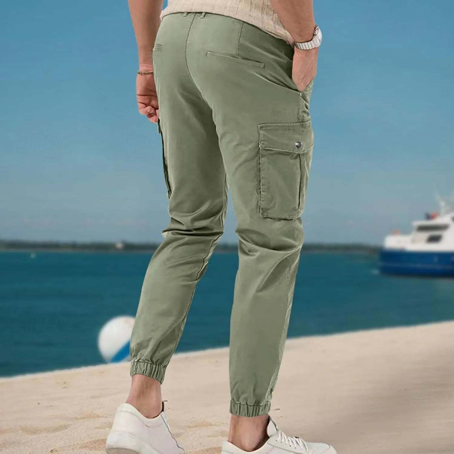 ADHOWBEW Mens Pants Casual Elastic Waist Outdoor Work Cargo Pockets Relaxed Fit Pants