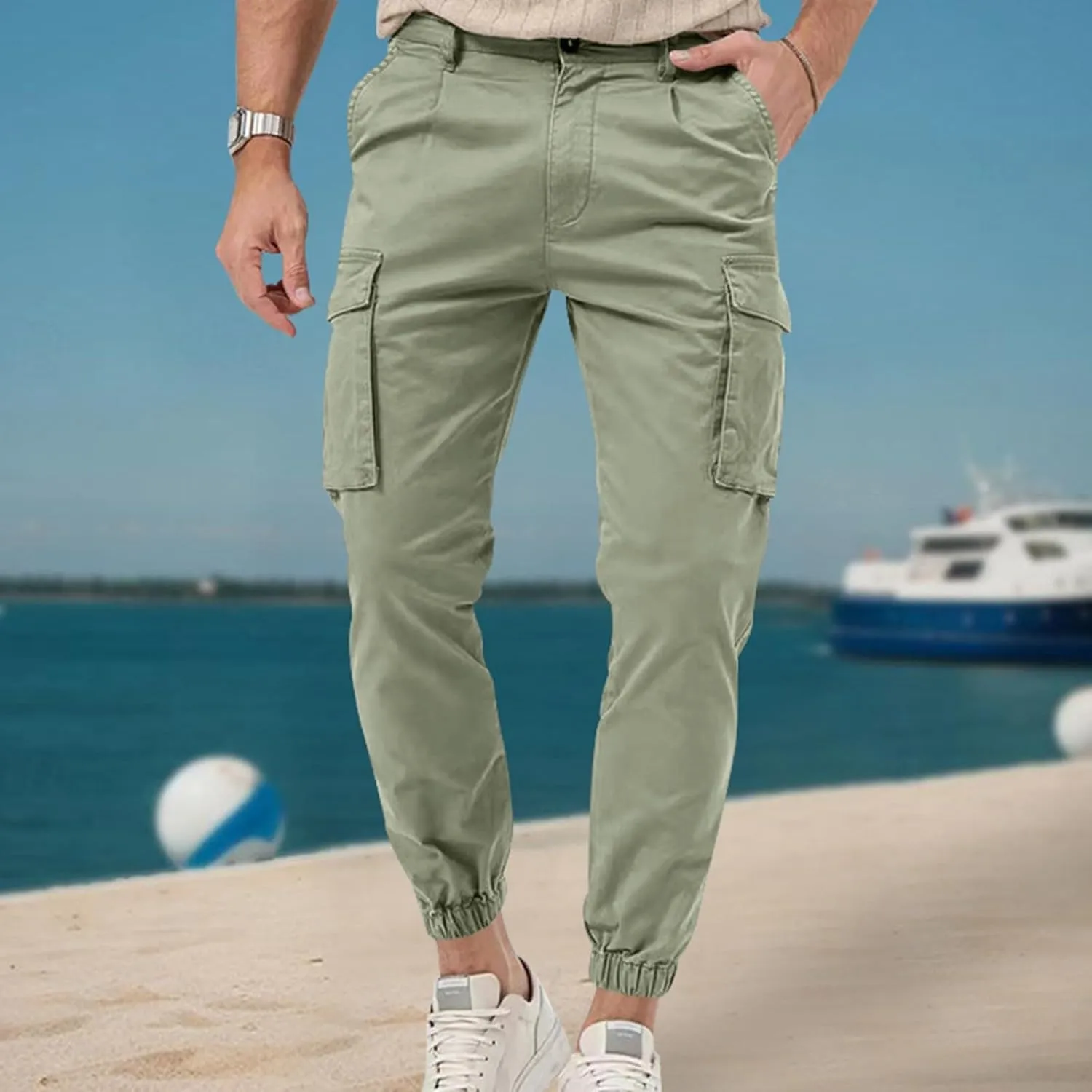 ADHOWBEW Mens Pants Casual Elastic Waist Outdoor Work Cargo Pockets Relaxed Fit Pants