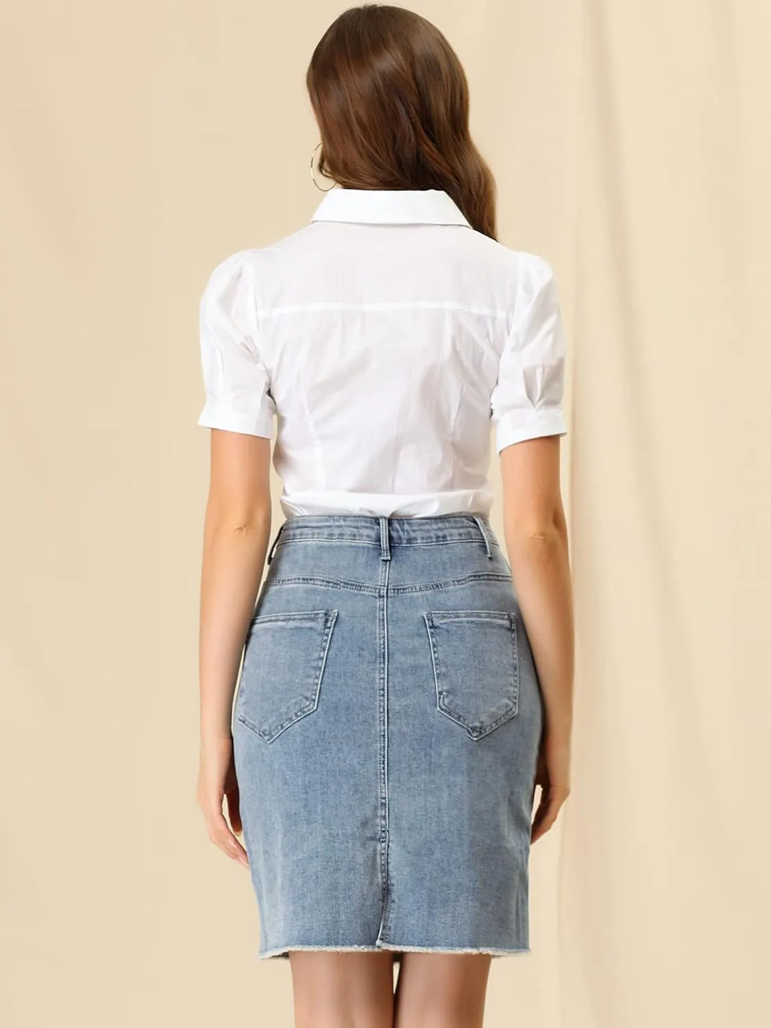 Allegra K Women's Basic Distressed High Waist Ripped Hem Washed Jeans Denim Skirt