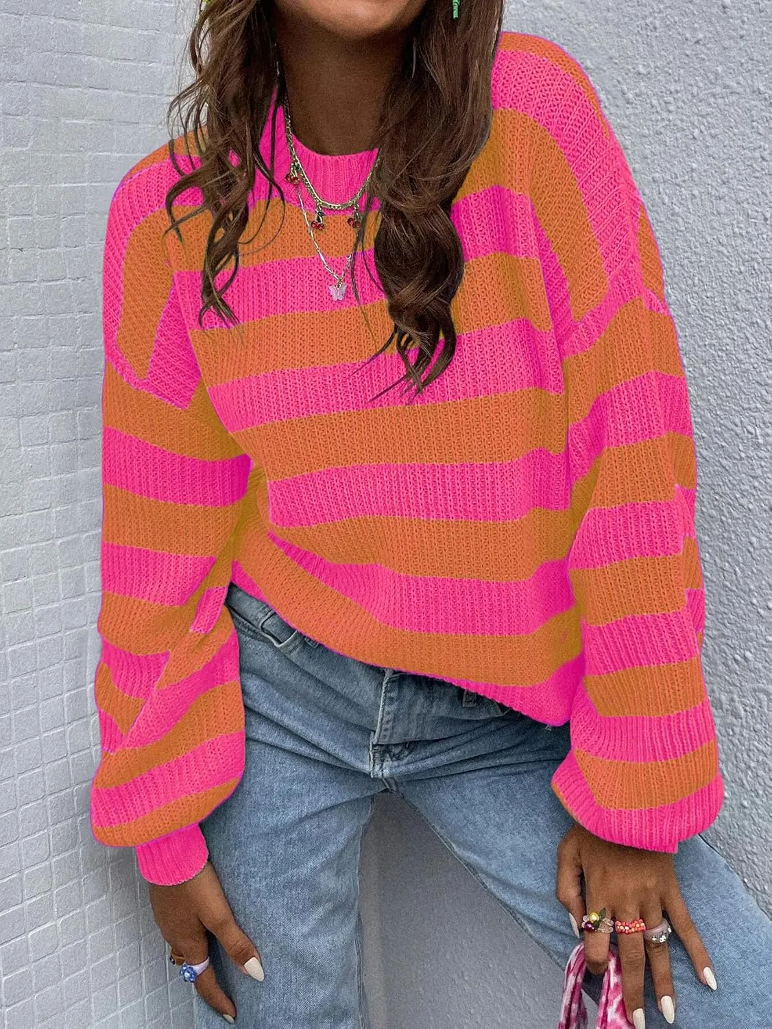 Allimy Women's Crewneck Color Clock Striped Cable Knit Sweaters for Women Fashion Trendy 2025 Lightweight Fall Outfits