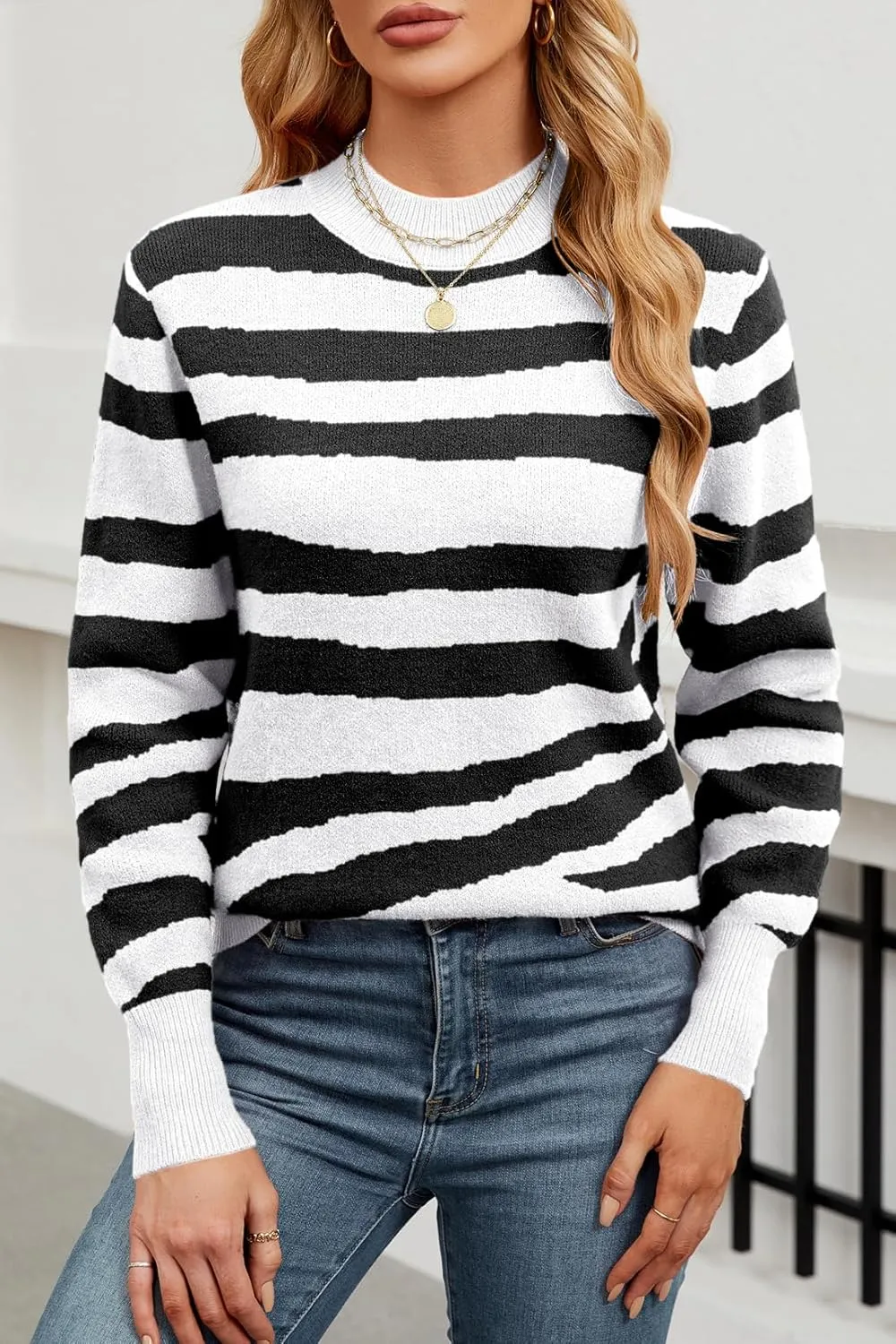 Allimy Women's Crewneck Color Clock Striped Cable Knit Sweaters for Women Fashion Trendy 2025 Lightweight Fall Outfits