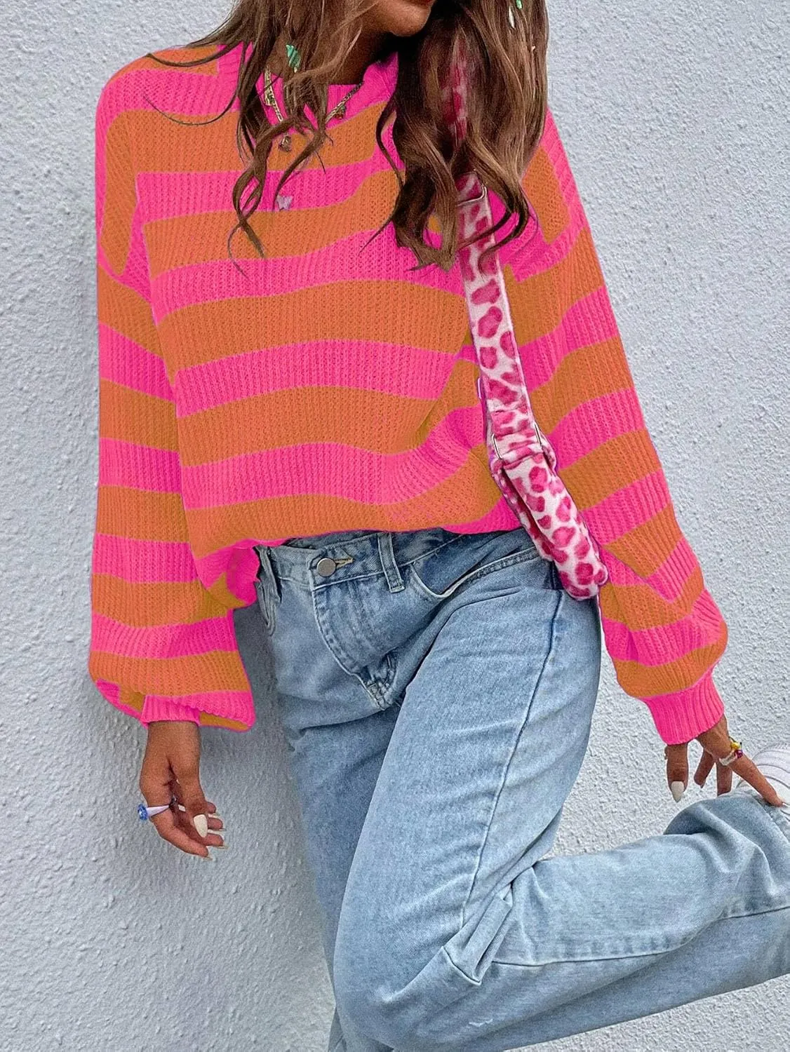 Allimy Women's Crewneck Color Clock Striped Cable Knit Sweaters for Women Fashion Trendy 2025 Lightweight Fall Outfits