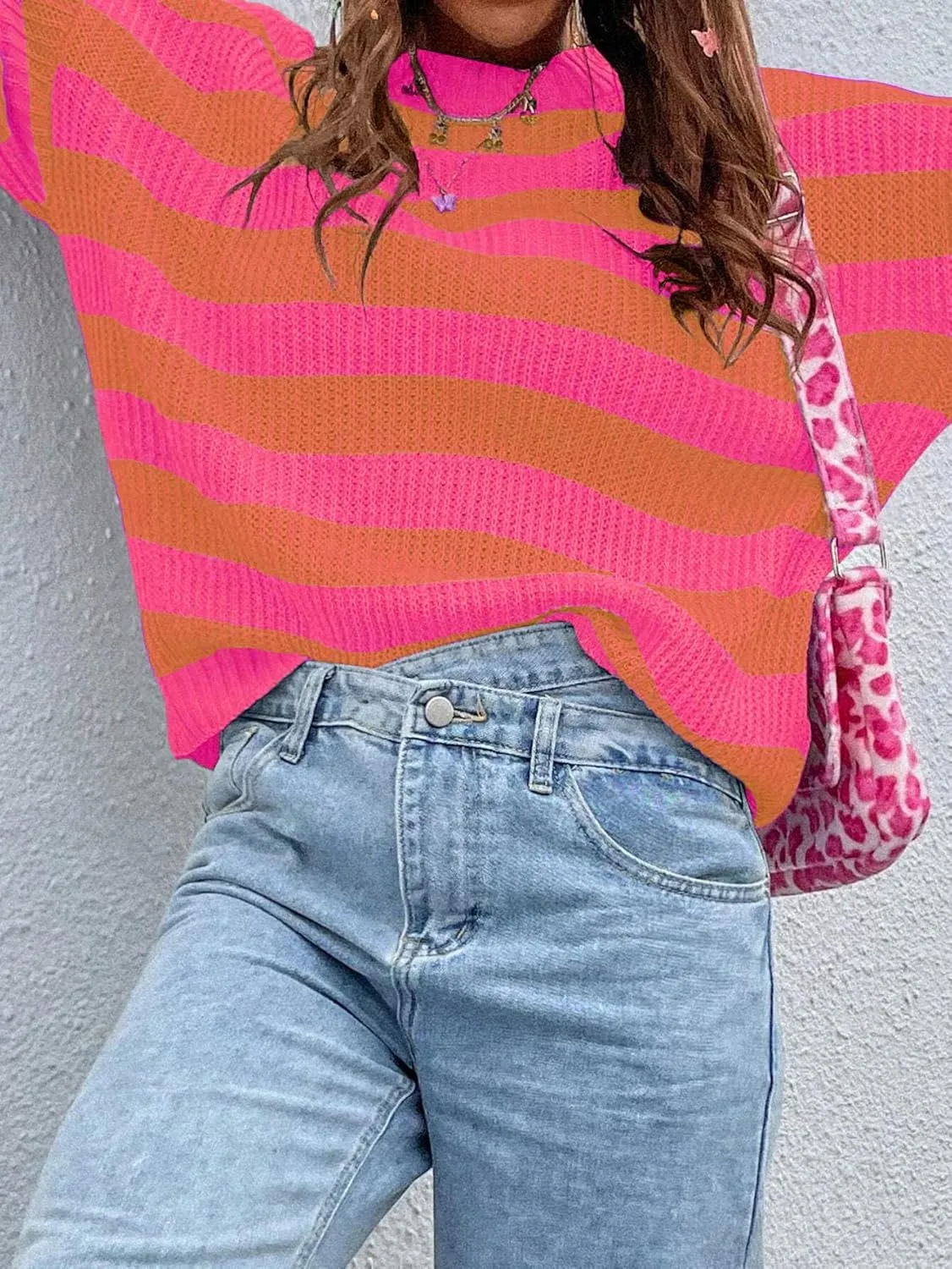 Allimy Women's Crewneck Color Clock Striped Cable Knit Sweaters for Women Fashion Trendy 2025 Lightweight Fall Outfits