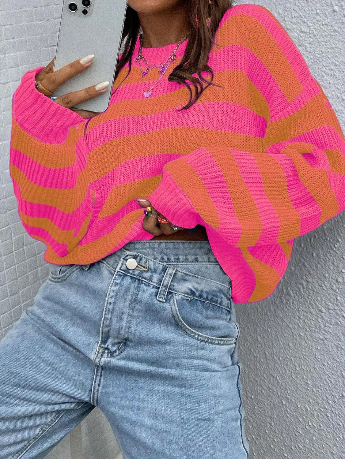 Allimy Women's Crewneck Color Clock Striped Cable Knit Sweaters for Women Fashion Trendy 2025 Lightweight Fall Outfits