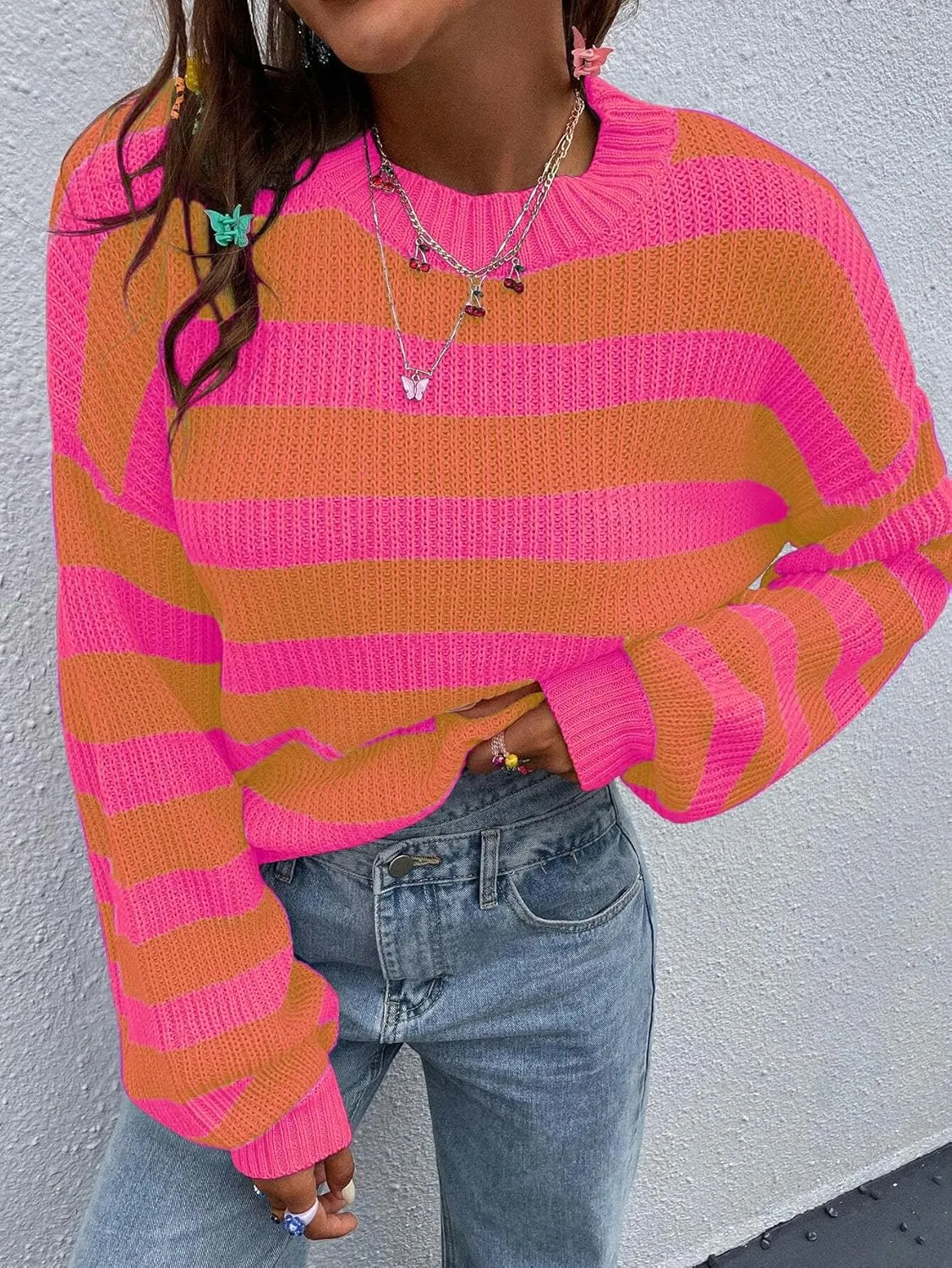 Allimy Women's Crewneck Color Clock Striped Cable Knit Sweaters for Women Fashion Trendy 2025 Lightweight Fall Outfits