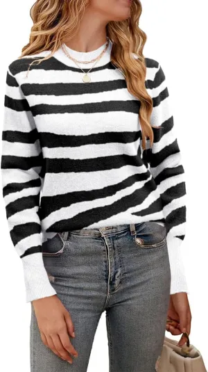 Allimy Women's Crewneck Color Clock Striped Cable Knit Sweaters for Women Fashion Trendy 2025 Lightweight Fall Outfits