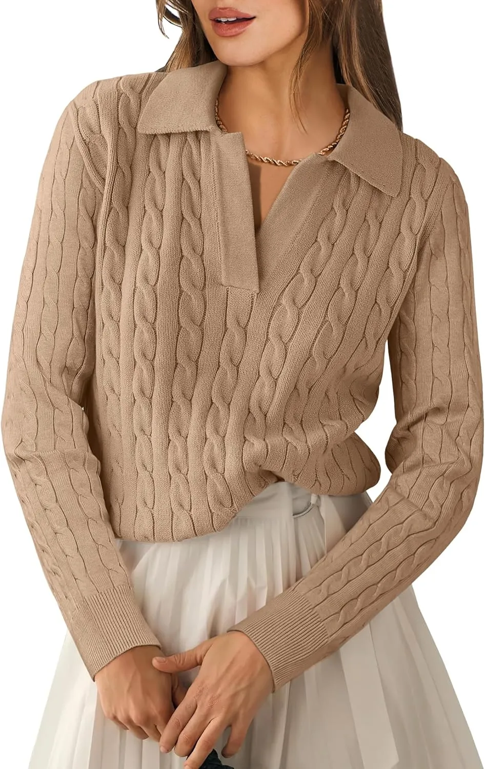 ANRABESS Womens Cable Knit Sweaters Long Sleeve V Neck Sweater Tops Casual Pullover Polo Shirts 2024 Fall Fashion Outfits