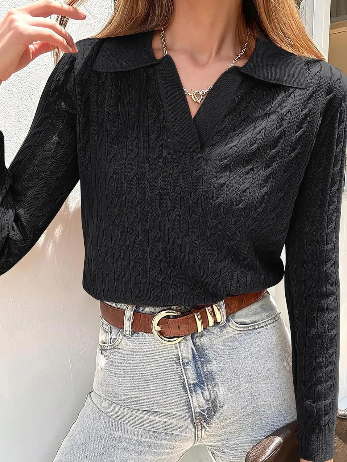 ANRABESS Womens Cable Knit Sweaters Long Sleeve V Neck Sweater Tops Casual Pullover Polo Shirts 2024 Fall Fashion Outfits