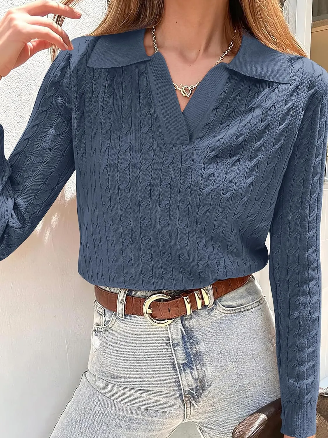 ANRABESS Womens Cable Knit Sweaters Long Sleeve V Neck Sweater Tops Casual Pullover Polo Shirts 2024 Fall Fashion Outfits