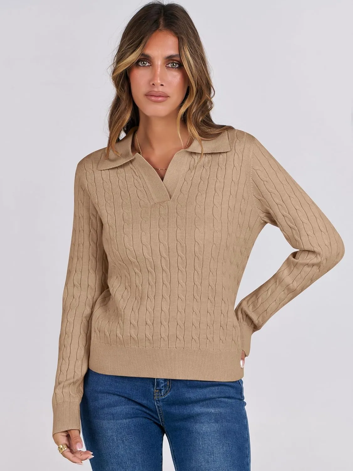 ANRABESS Womens Cable Knit Sweaters Long Sleeve V Neck Sweater Tops Casual Pullover Polo Shirts 2024 Fall Fashion Outfits