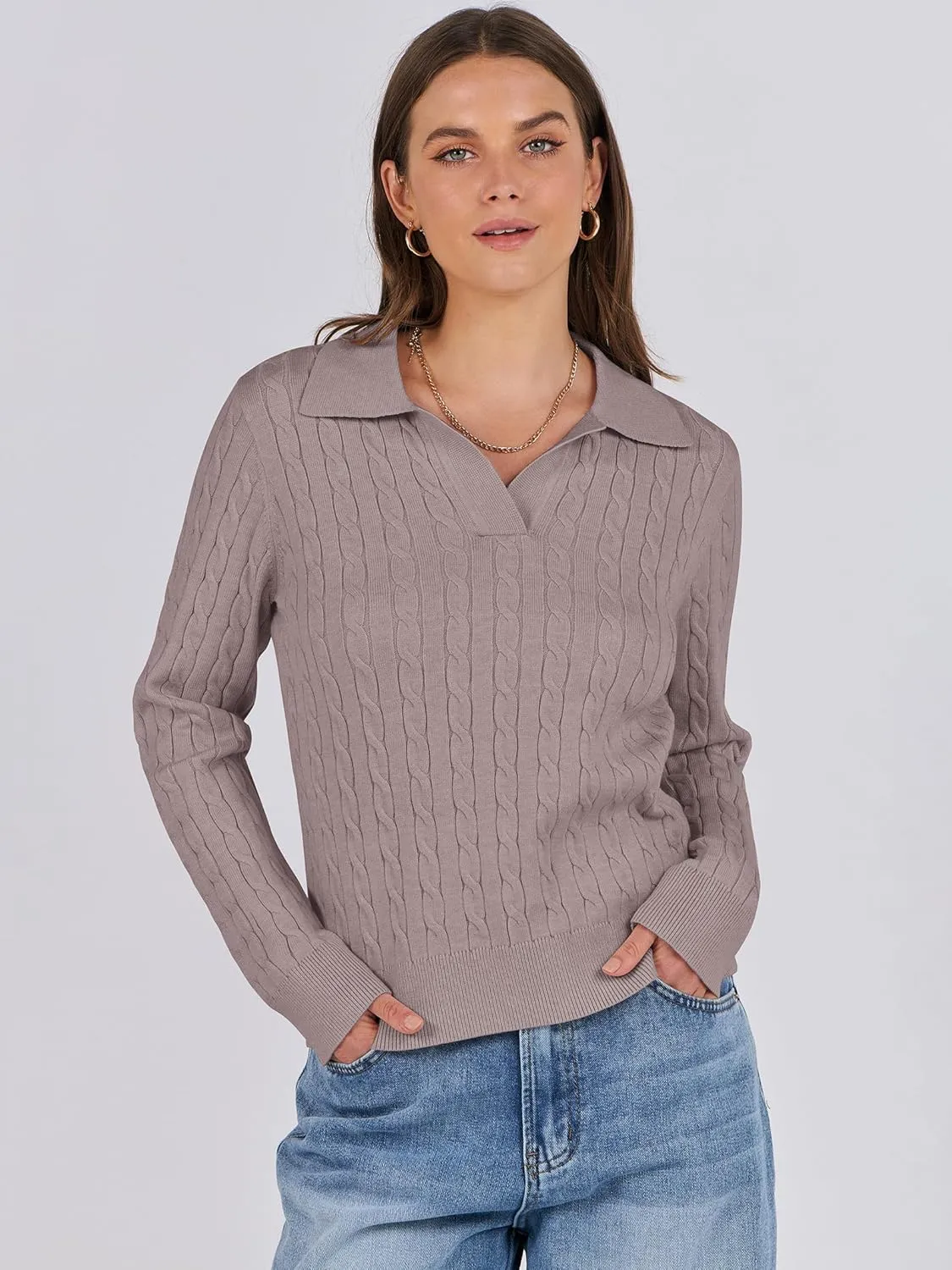ANRABESS Womens Cable Knit Sweaters Long Sleeve V Neck Sweater Tops Casual Pullover Polo Shirts 2024 Fall Fashion Outfits