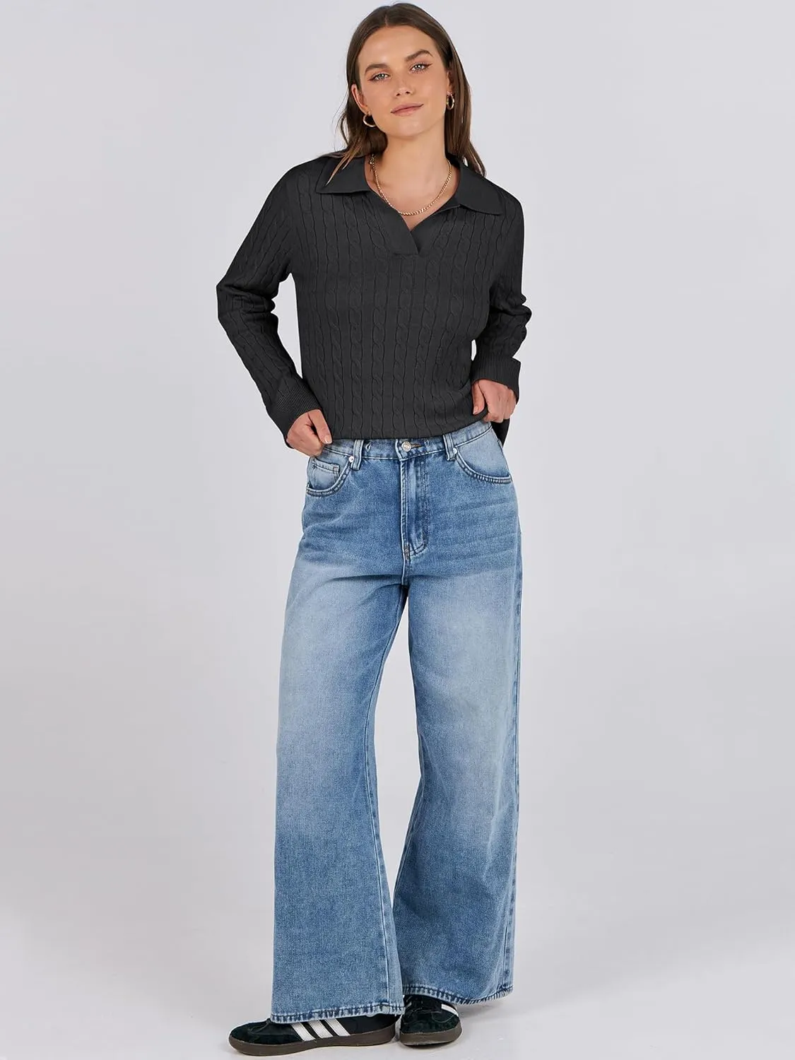 ANRABESS Womens Cable Knit Sweaters Long Sleeve V Neck Sweater Tops Casual Pullover Polo Shirts 2024 Fall Fashion Outfits