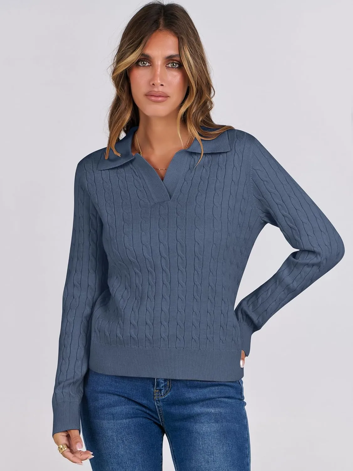 ANRABESS Womens Cable Knit Sweaters Long Sleeve V Neck Sweater Tops Casual Pullover Polo Shirts 2024 Fall Fashion Outfits