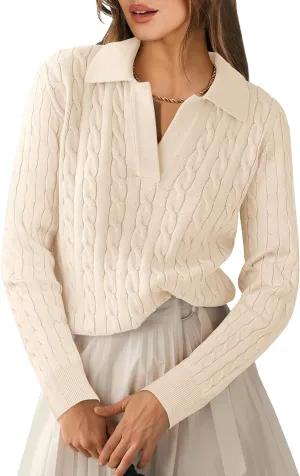 ANRABESS Womens Cable Knit Sweaters Long Sleeve V Neck Sweater Tops Casual Pullover Polo Shirts 2024 Fall Fashion Outfits