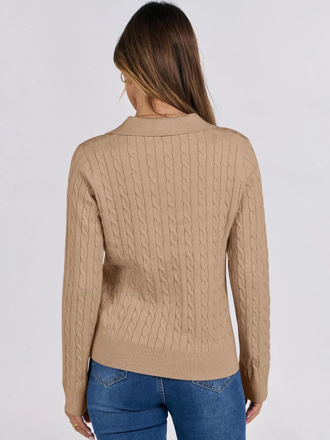 ANRABESS Womens Cable Knit Sweaters Long Sleeve V Neck Sweater Tops Casual Pullover Polo Shirts 2024 Fall Fashion Outfits