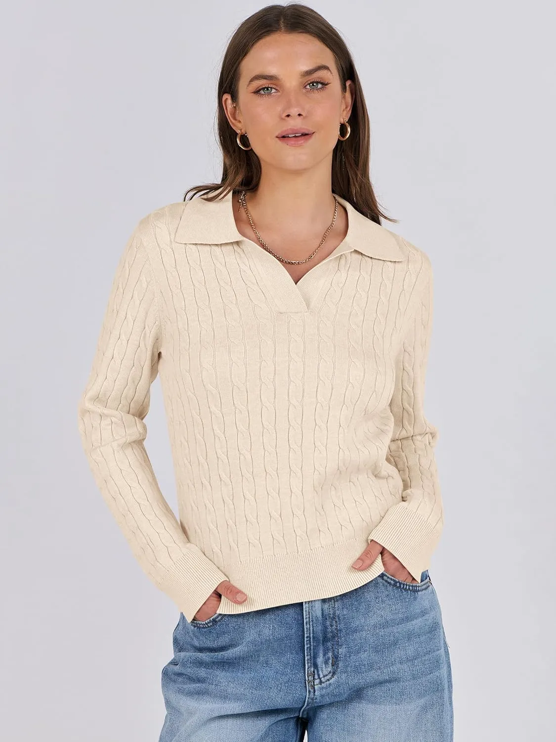 ANRABESS Womens Cable Knit Sweaters Long Sleeve V Neck Sweater Tops Casual Pullover Polo Shirts 2024 Fall Fashion Outfits