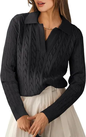 ANRABESS Womens Cable Knit Sweaters Long Sleeve V Neck Sweater Tops Casual Pullover Polo Shirts 2024 Fall Fashion Outfits