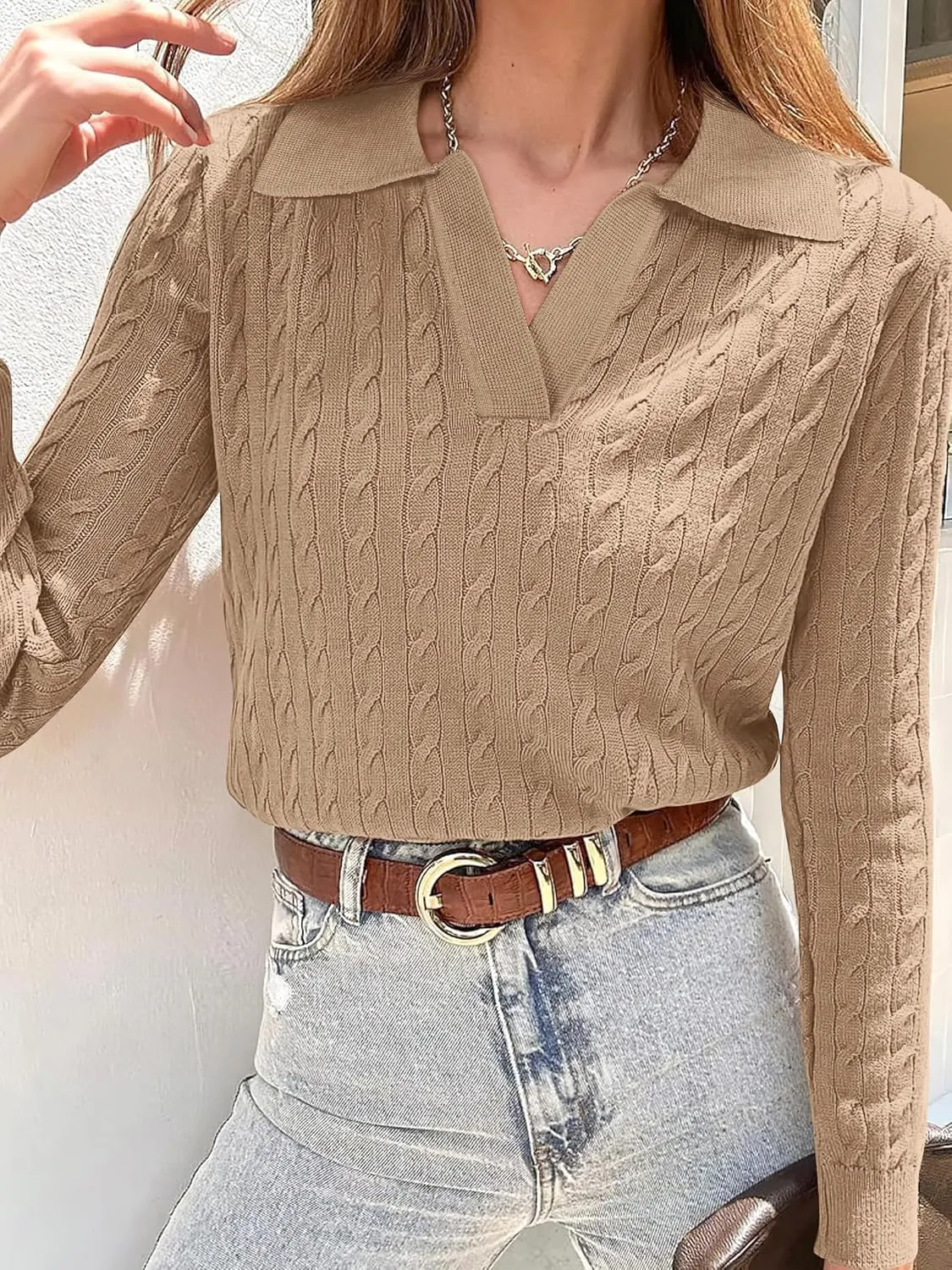 ANRABESS Womens Cable Knit Sweaters Long Sleeve V Neck Sweater Tops Casual Pullover Polo Shirts 2024 Fall Fashion Outfits