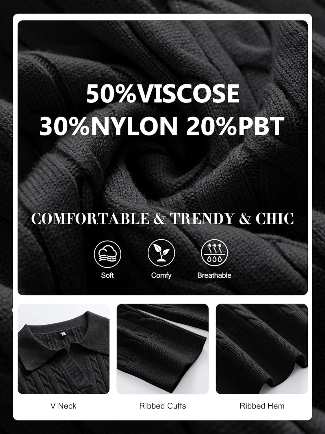 ANRABESS Womens Cable Knit Sweaters Long Sleeve V Neck Sweater Tops Casual Pullover Polo Shirts 2024 Fall Fashion Outfits
