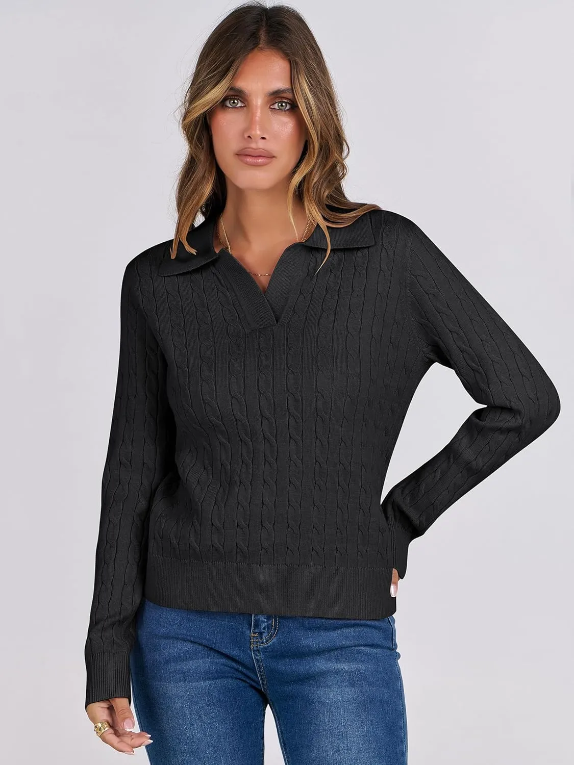 ANRABESS Womens Cable Knit Sweaters Long Sleeve V Neck Sweater Tops Casual Pullover Polo Shirts 2024 Fall Fashion Outfits
