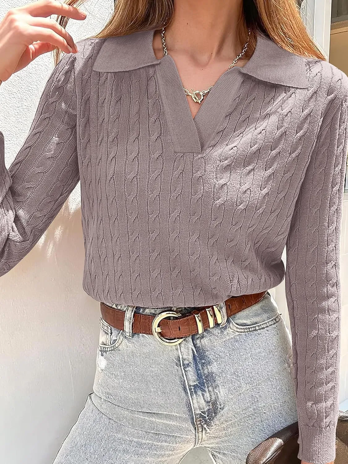 ANRABESS Womens Cable Knit Sweaters Long Sleeve V Neck Sweater Tops Casual Pullover Polo Shirts 2024 Fall Fashion Outfits