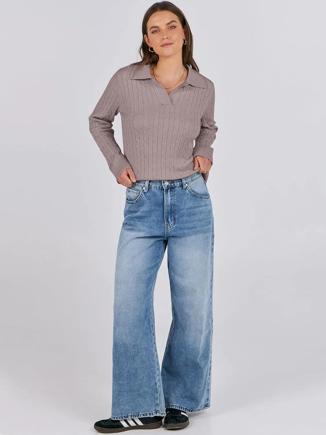 ANRABESS Womens Cable Knit Sweaters Long Sleeve V Neck Sweater Tops Casual Pullover Polo Shirts 2024 Fall Fashion Outfits