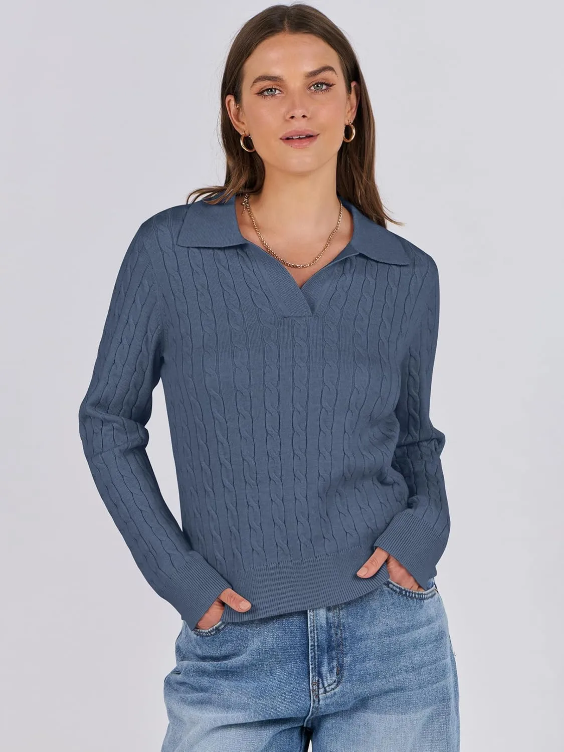 ANRABESS Womens Cable Knit Sweaters Long Sleeve V Neck Sweater Tops Casual Pullover Polo Shirts 2024 Fall Fashion Outfits