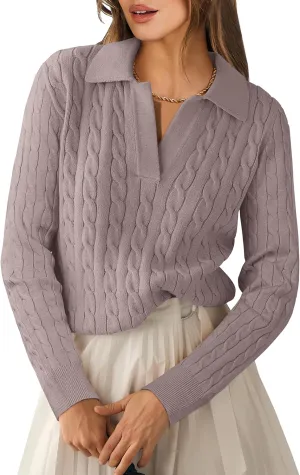 ANRABESS Womens Cable Knit Sweaters Long Sleeve V Neck Sweater Tops Casual Pullover Polo Shirts 2024 Fall Fashion Outfits