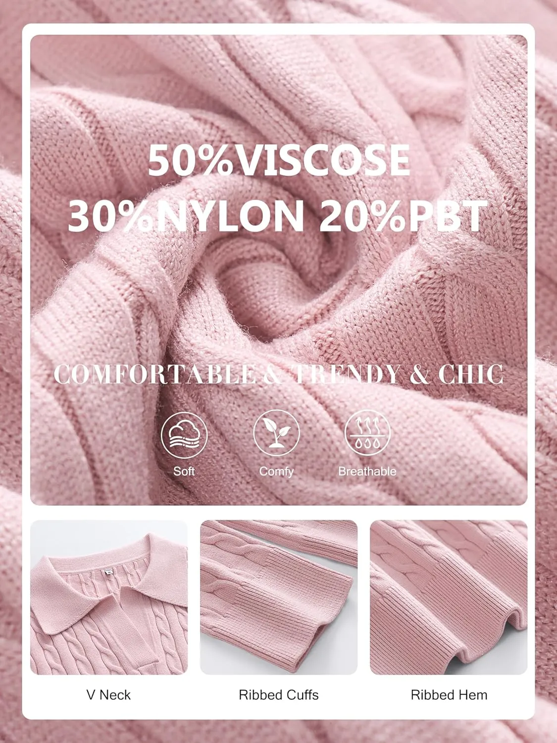 ANRABESS Womens Cable Knit Sweaters Long Sleeve V Neck Sweater Tops Casual Pullover Polo Shirts 2024 Fall Fashion Outfits