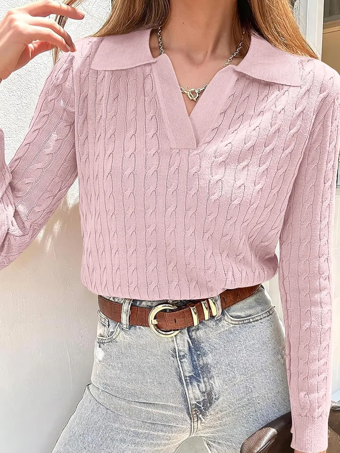 ANRABESS Womens Cable Knit Sweaters Long Sleeve V Neck Sweater Tops Casual Pullover Polo Shirts 2024 Fall Fashion Outfits