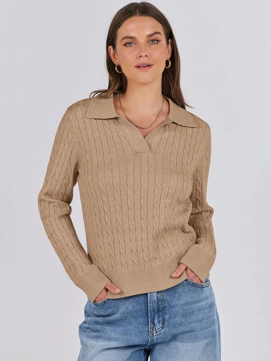 ANRABESS Womens Cable Knit Sweaters Long Sleeve V Neck Sweater Tops Casual Pullover Polo Shirts 2024 Fall Fashion Outfits