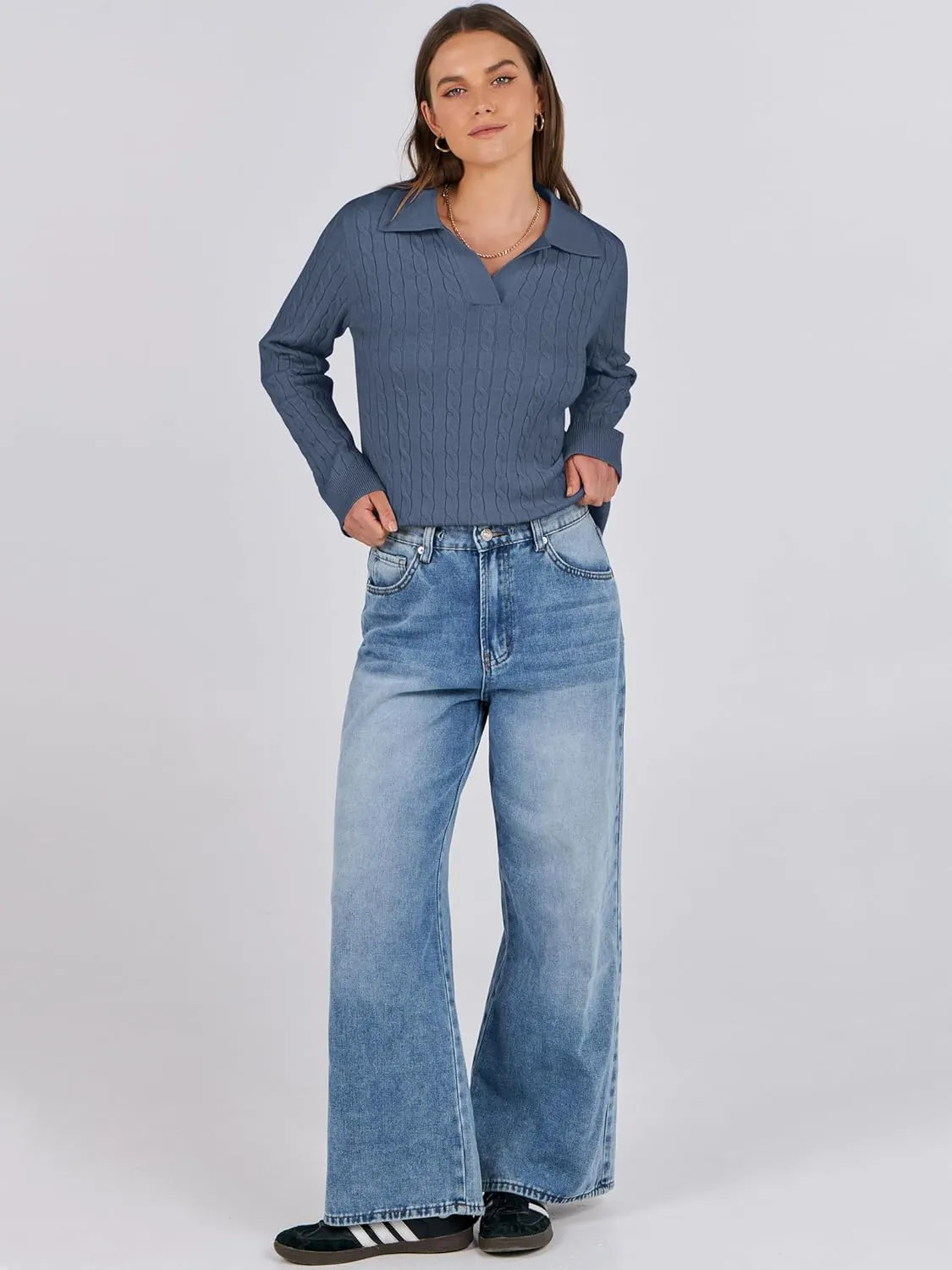 ANRABESS Womens Cable Knit Sweaters Long Sleeve V Neck Sweater Tops Casual Pullover Polo Shirts 2024 Fall Fashion Outfits