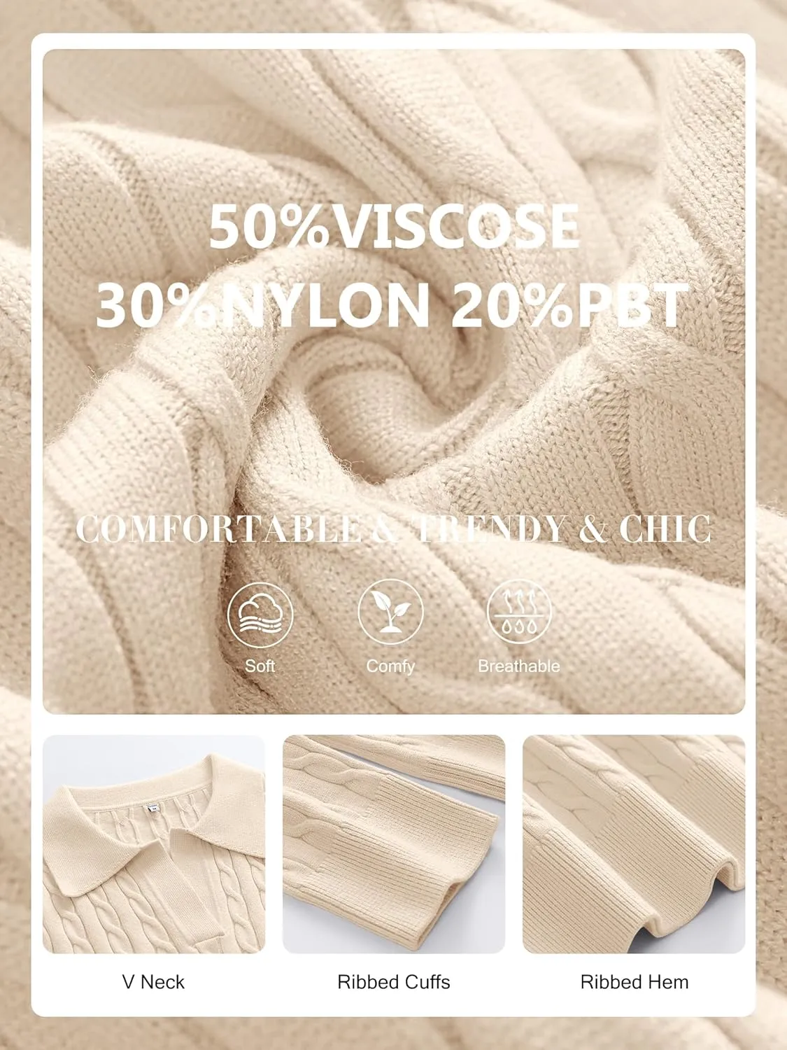 ANRABESS Womens Cable Knit Sweaters Long Sleeve V Neck Sweater Tops Casual Pullover Polo Shirts 2024 Fall Fashion Outfits
