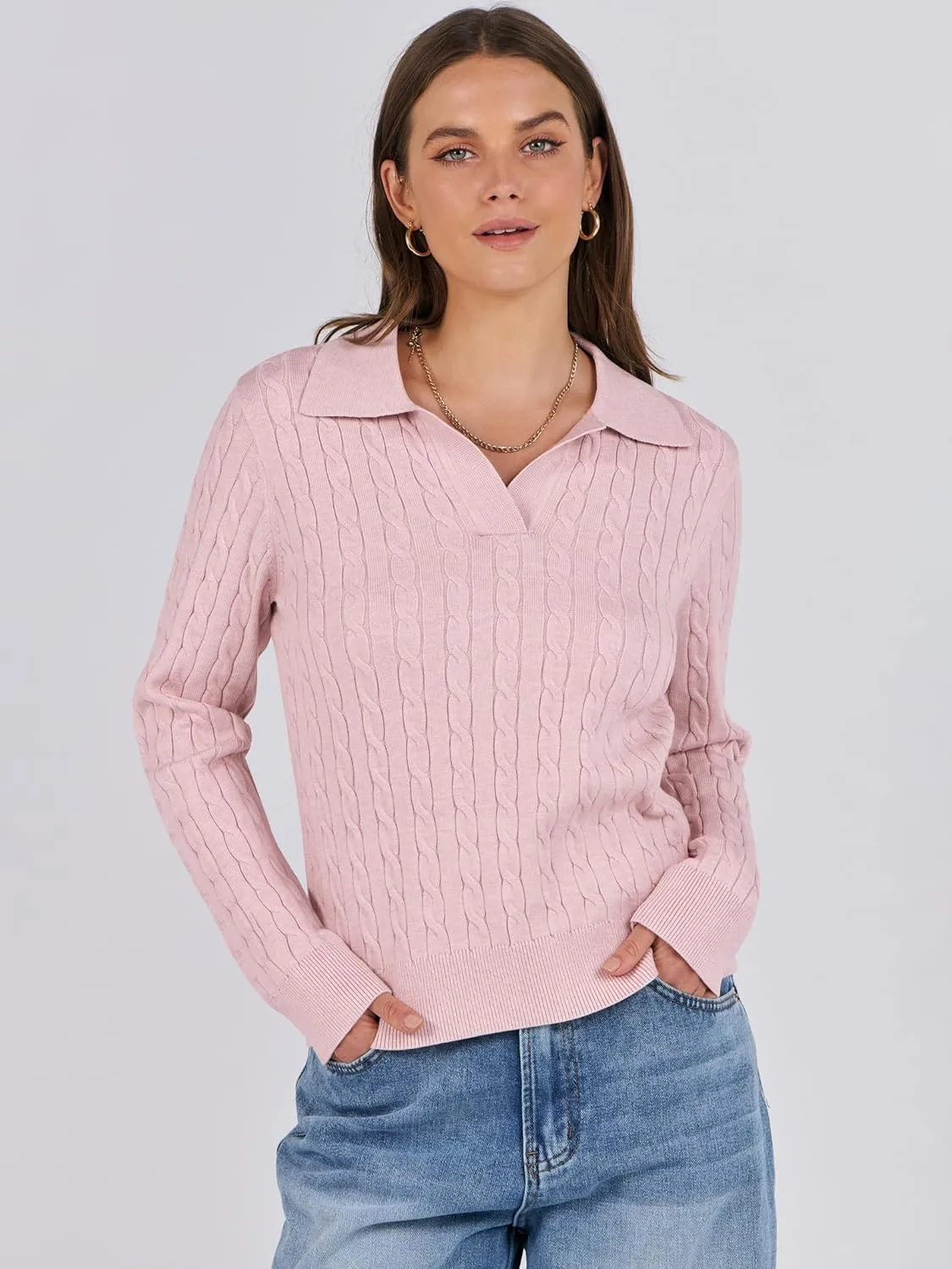 ANRABESS Womens Cable Knit Sweaters Long Sleeve V Neck Sweater Tops Casual Pullover Polo Shirts 2024 Fall Fashion Outfits