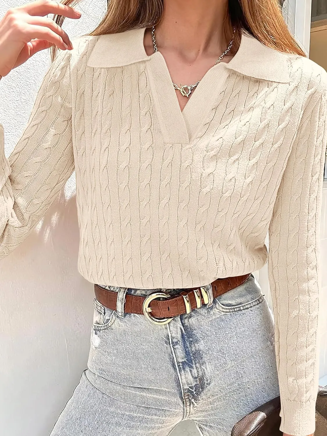 ANRABESS Womens Cable Knit Sweaters Long Sleeve V Neck Sweater Tops Casual Pullover Polo Shirts 2024 Fall Fashion Outfits