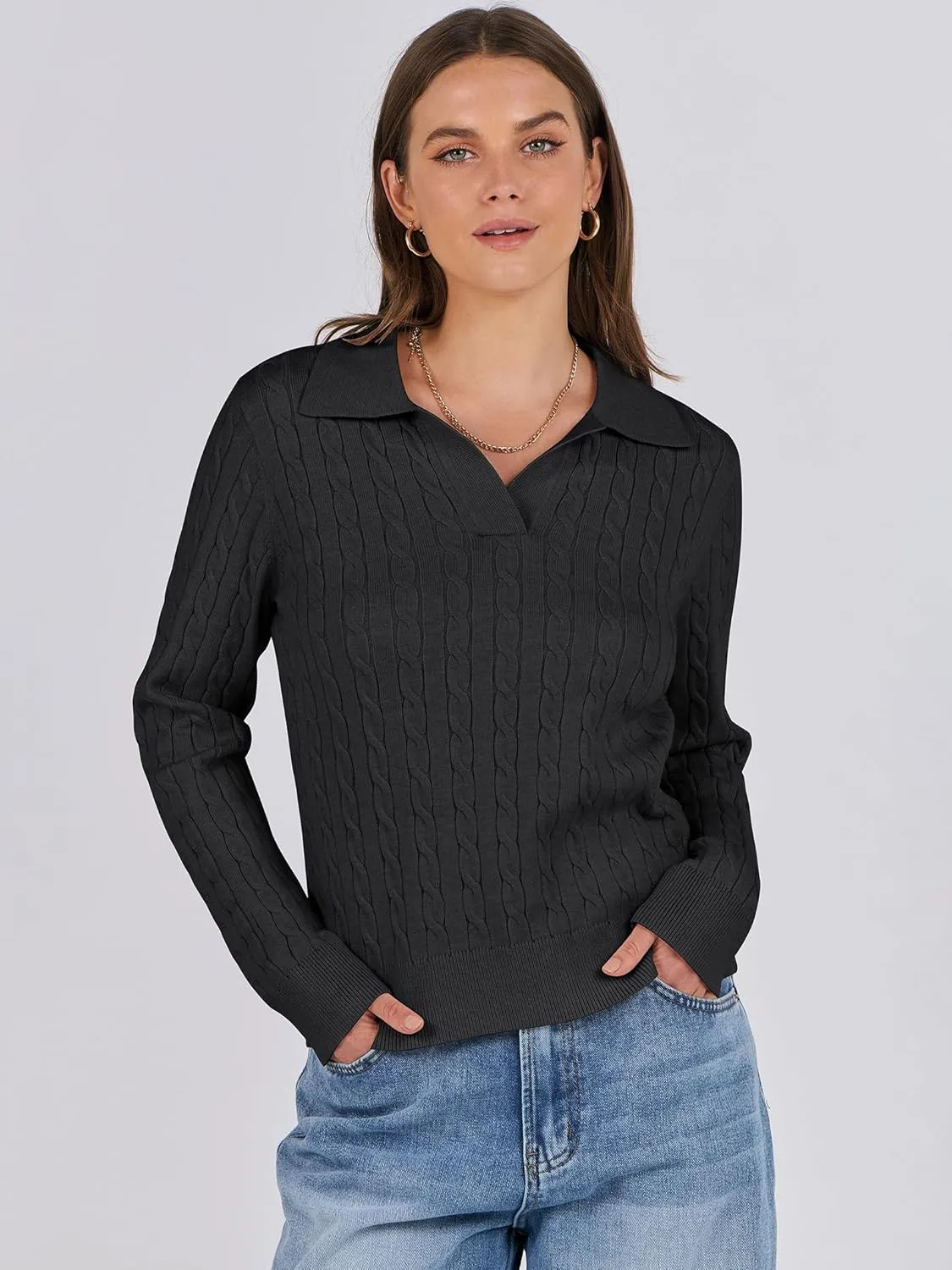 ANRABESS Womens Cable Knit Sweaters Long Sleeve V Neck Sweater Tops Casual Pullover Polo Shirts 2024 Fall Fashion Outfits