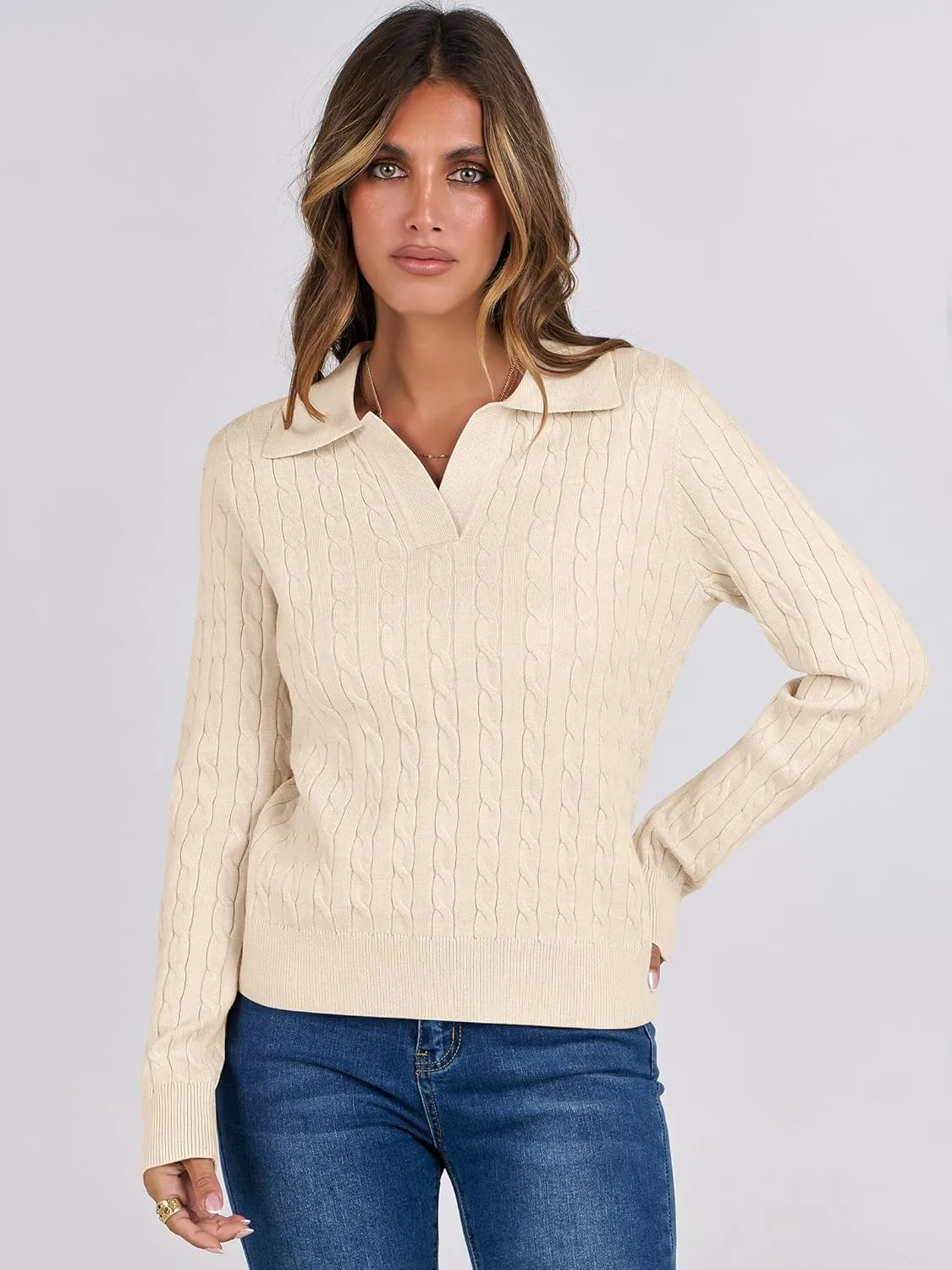 ANRABESS Womens Cable Knit Sweaters Long Sleeve V Neck Sweater Tops Casual Pullover Polo Shirts 2024 Fall Fashion Outfits