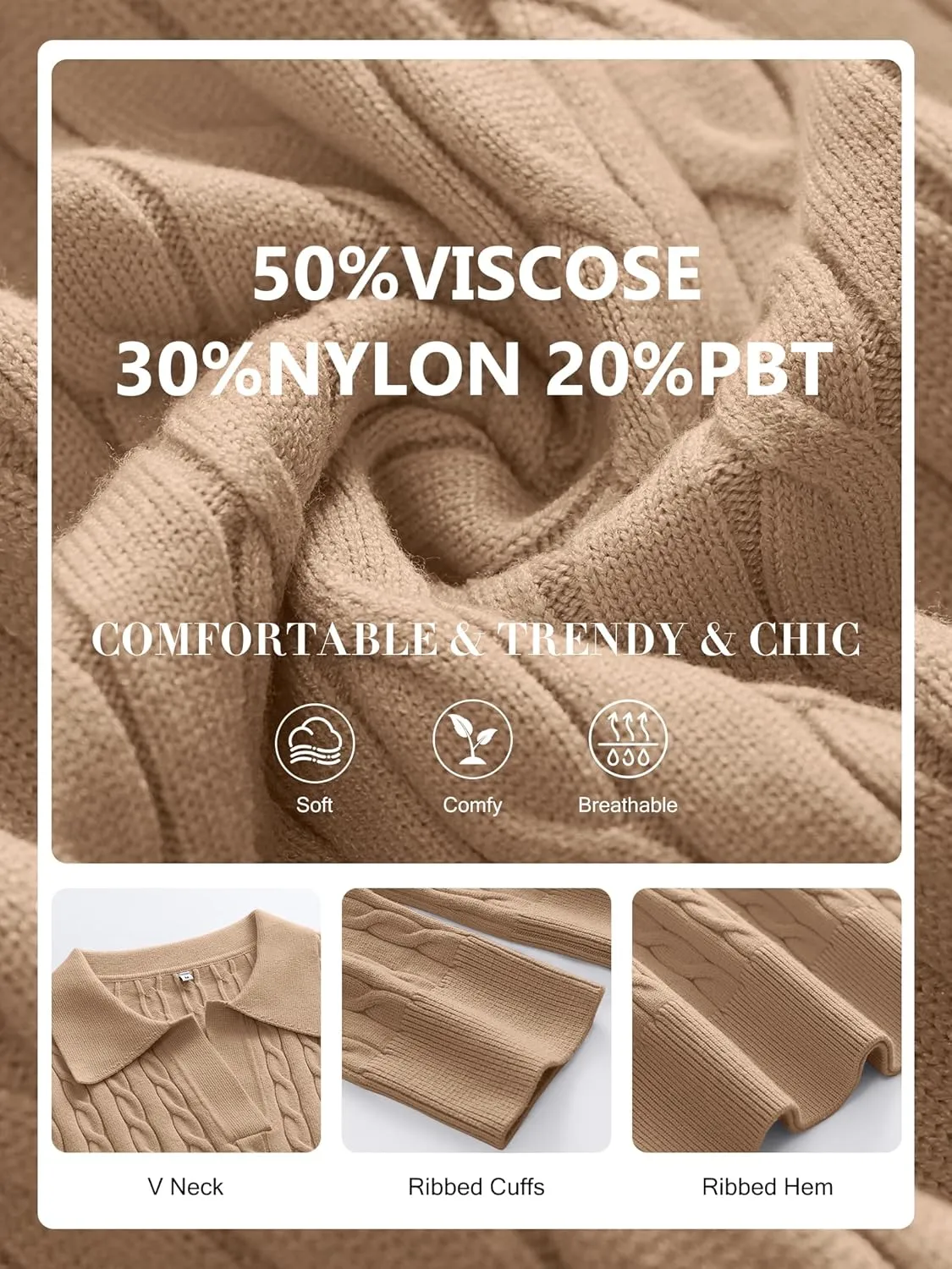 ANRABESS Womens Cable Knit Sweaters Long Sleeve V Neck Sweater Tops Casual Pullover Polo Shirts 2024 Fall Fashion Outfits