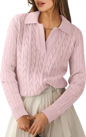 ANRABESS Womens Cable Knit Sweaters Long Sleeve V Neck Sweater Tops Casual Pullover Polo Shirts 2024 Fall Fashion Outfits
